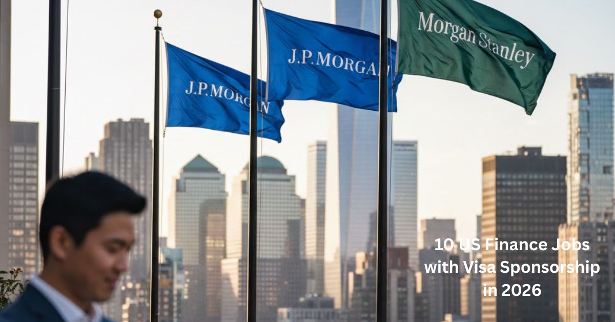 10 US Finance Jobs Visa Sponsorship 2026 Wall Street banking flags and professional on NYC rooftop